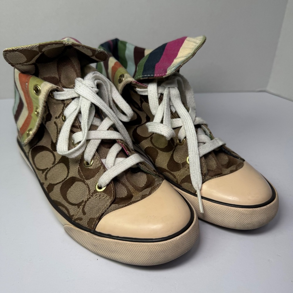 Coach Bonney Brown Monogram Canvas Cuff High Top Sneakers Women's Size 6.5M